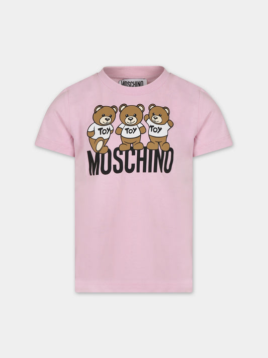 T-shirt rosa per bambina con Teddy Bears e logo,Moschino Kids,HVM03U LAA34 51684