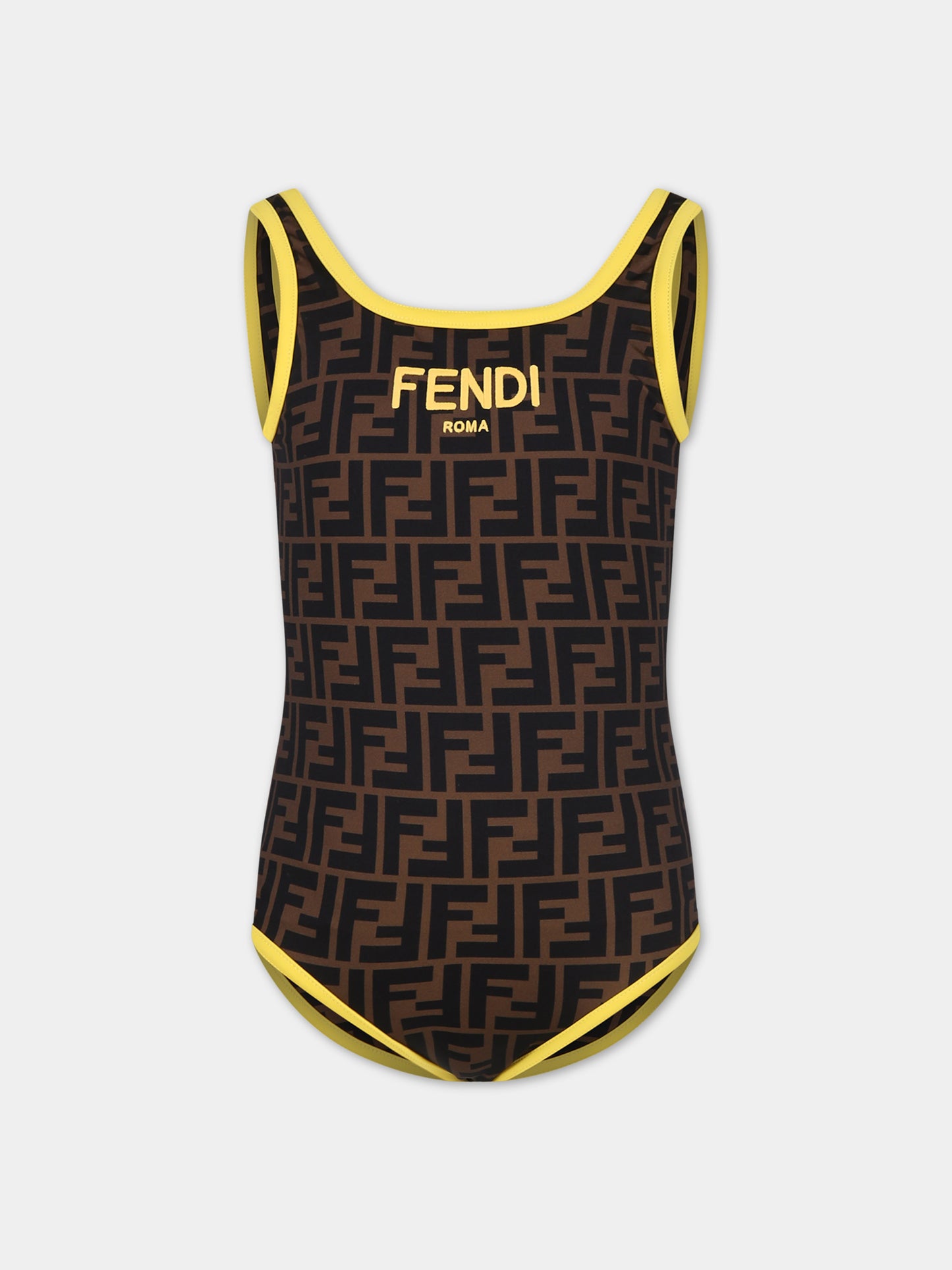 Costume intero reversibile marrone per bambina con iconiche FF e logo Fendi,Fendi Kids,JFM035 AQUD F17QF