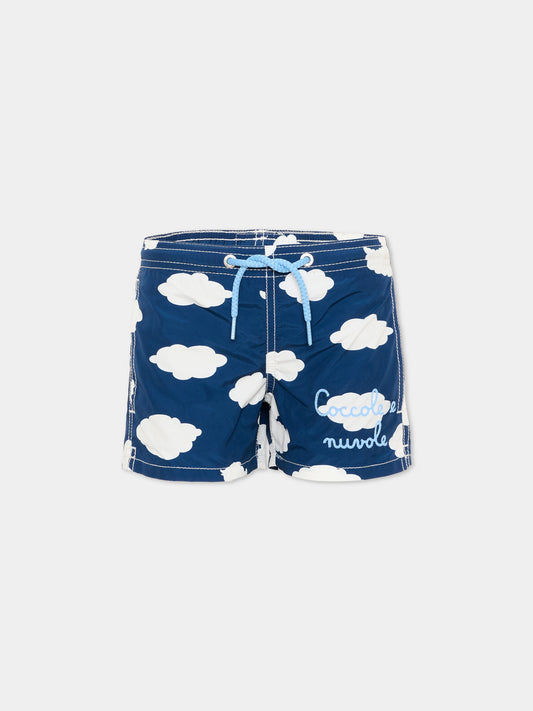 Boxer mare blu per bambino con iconiche nuvole e Ducky Clouds,Saint Barth X Coccolebimbi,JEAN - DUCKY CLOUDS 61 EMB