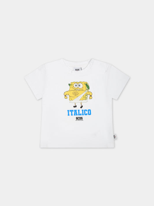 T-shirt bianca per neonata con stampa Spongebob,Gcds Kids,GRM002 LAA29 10101