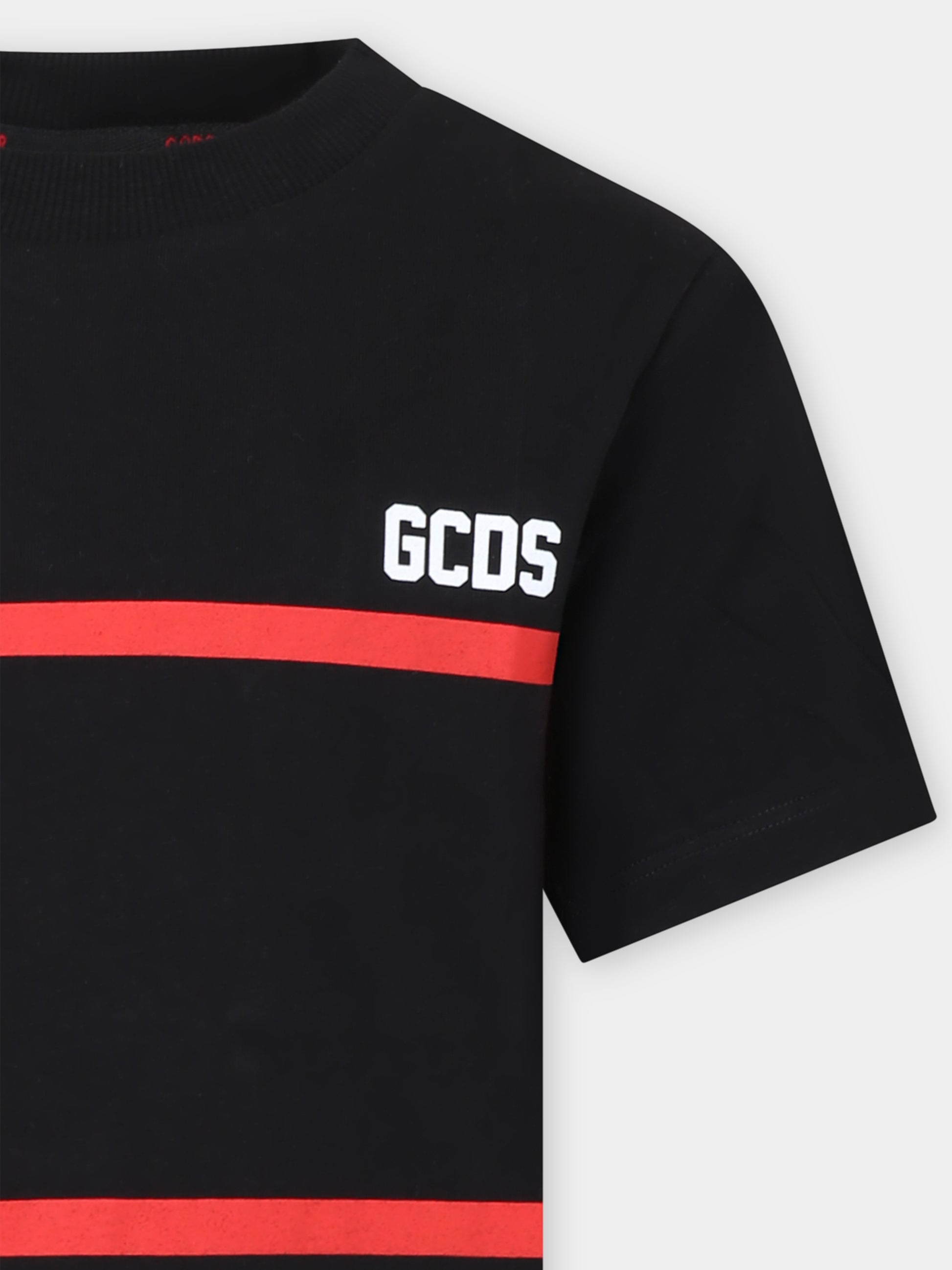 T-shirt nera per bambino con righe rosse,Gcds Kids,DUM00I LAA29 60100