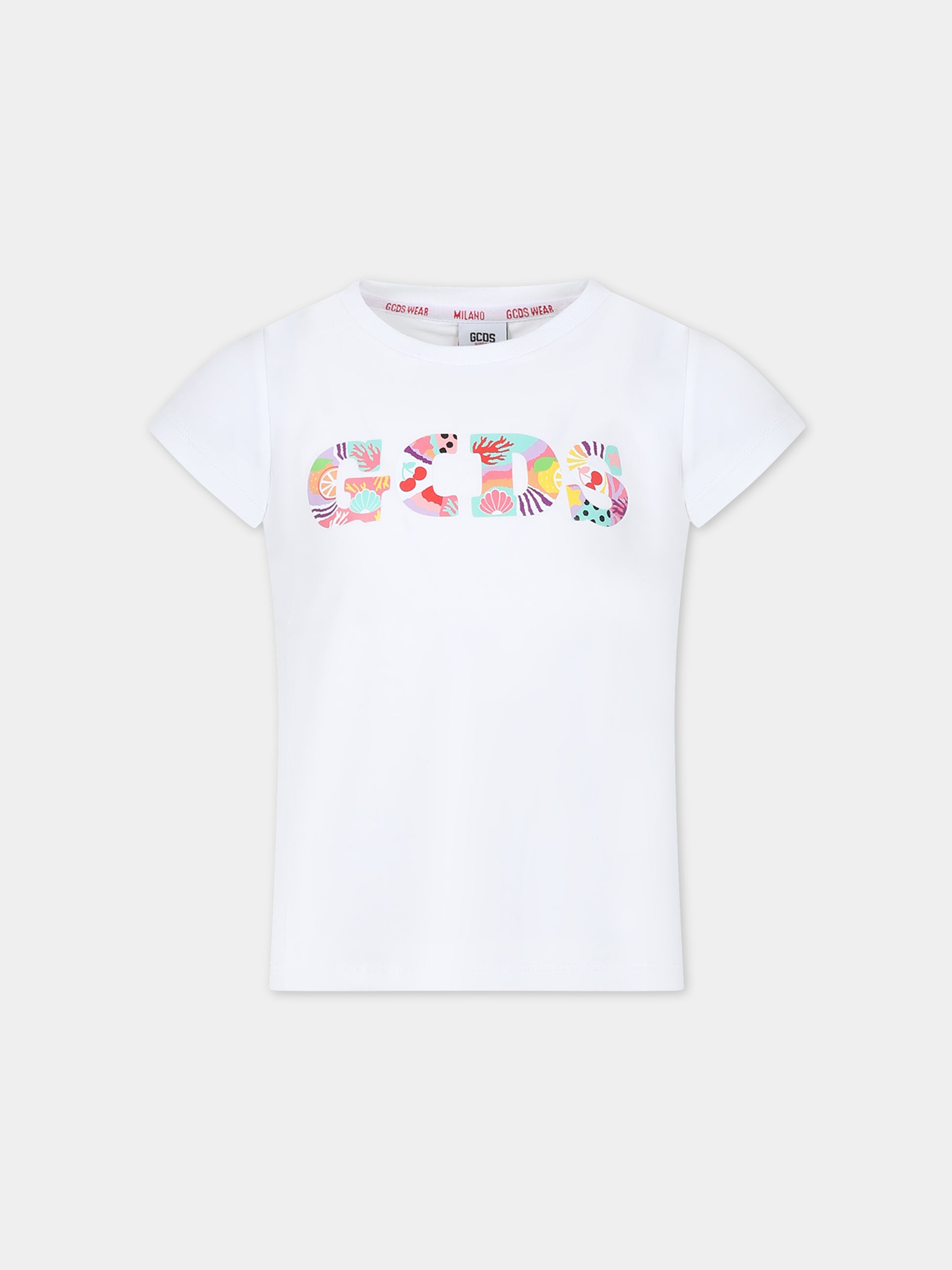 T-shirt bianca per bambina con logo in fantasia,Gcds Kids,DDM00D LBA10 10101