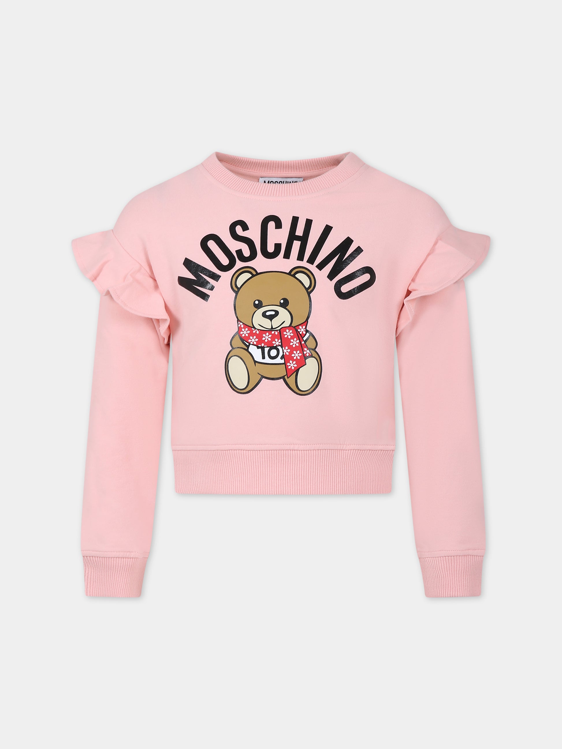 Felpa rosa per bambina con Teddy Bear e logo,Moschino Kids,HDF05B LDA53 50209