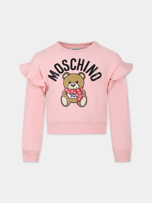 Felpa rosa per bambina con Teddy Bear e logo,Moschino Kids,HDF05B LDA53 50209