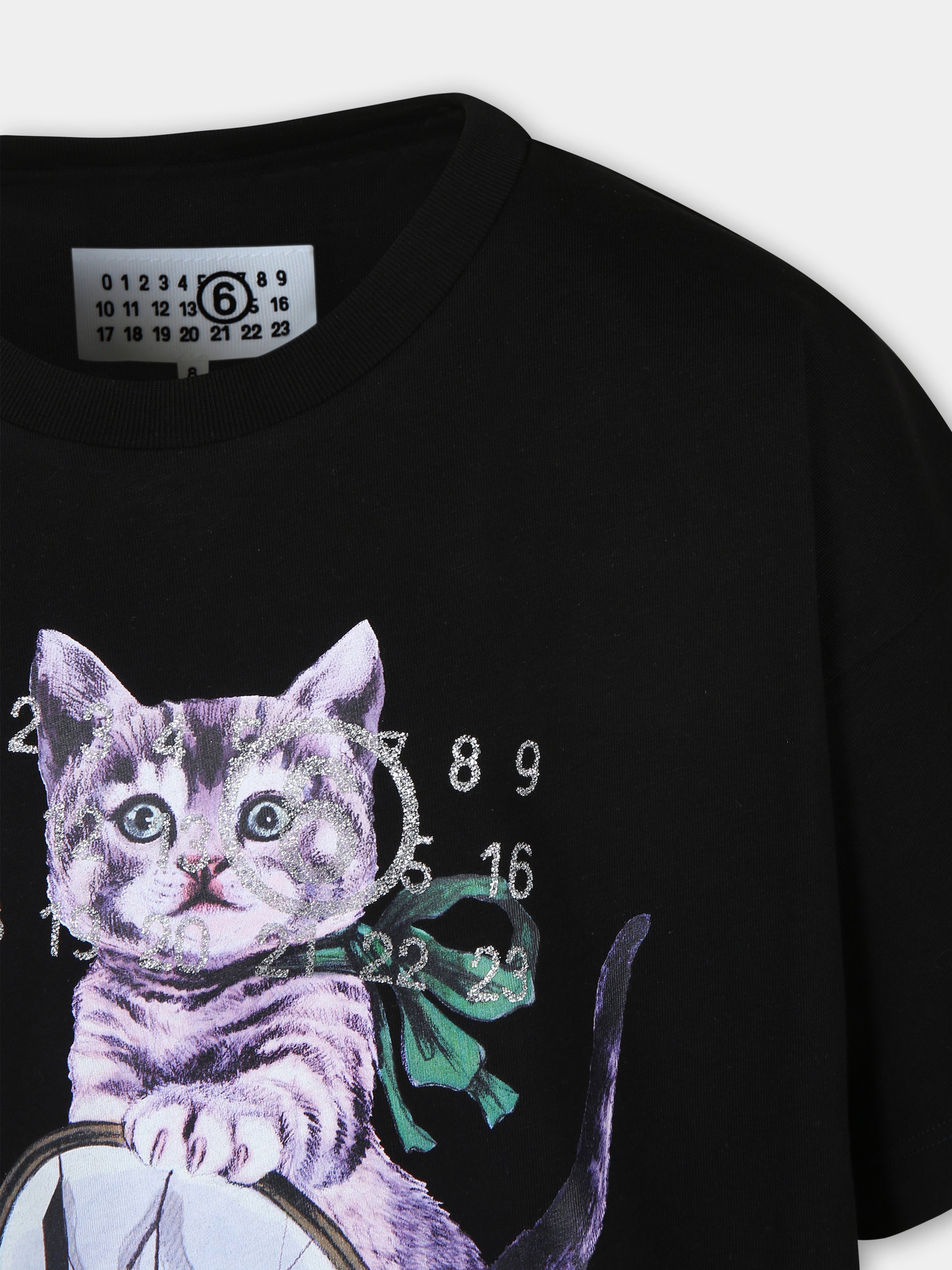 T-shirt nera per bambina con stampa gatto e numeri,Mm6 Maison Margiela,M60673 MM009 MM6T106U M6900