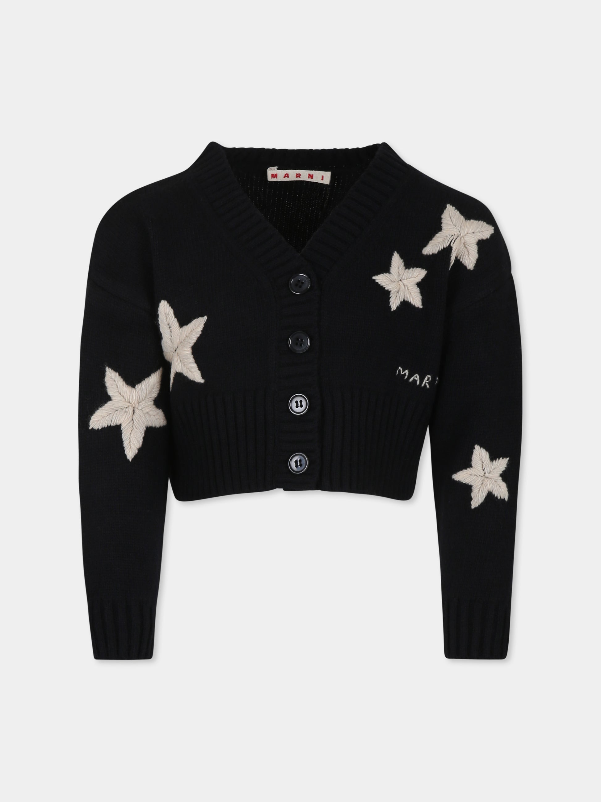 Cardigan crop nero per bambina con stelle e logo,Marni Kids,M01204 M00TA MK129F 0M900