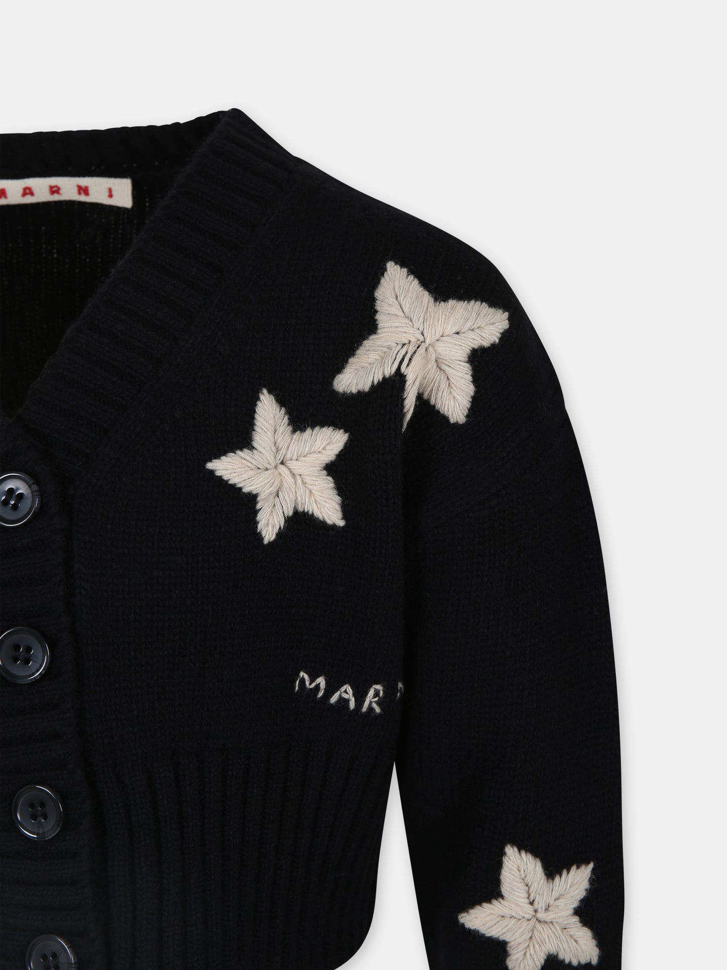 Cardigan crop nero per bambina con stelle e logo,Marni Kids,M01204 M00TA MK129F 0M900