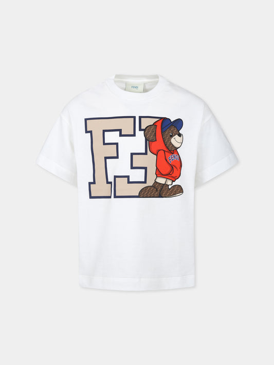 T-shirt bianca per bambino con stampa orsetto Fendi,Fendi Kids,JMI458 7AJ F0TU9