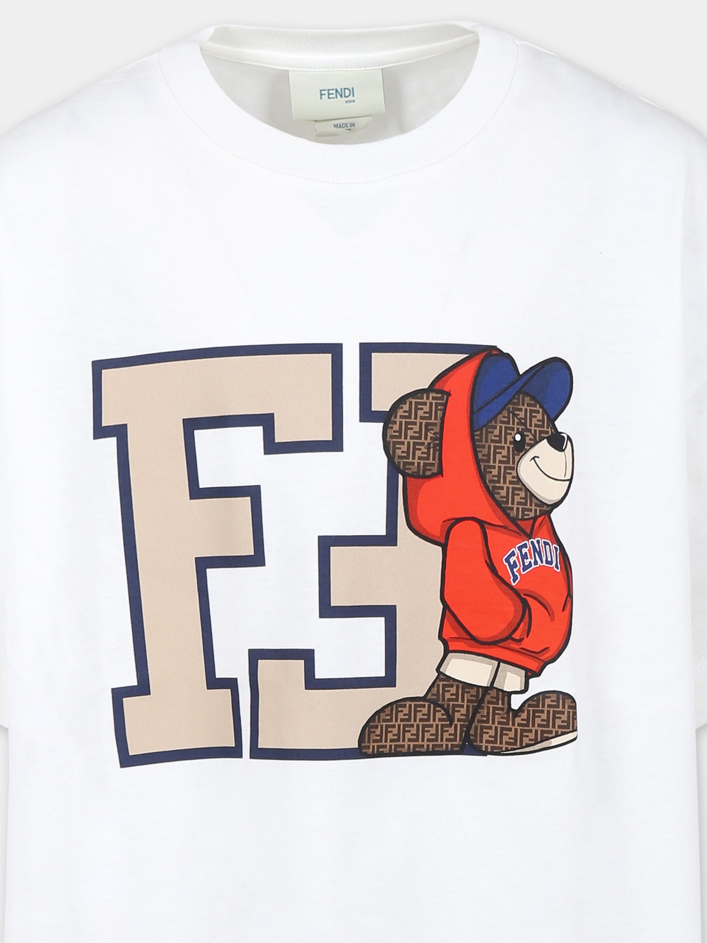 White T-shirt for boy with Fendi bear print