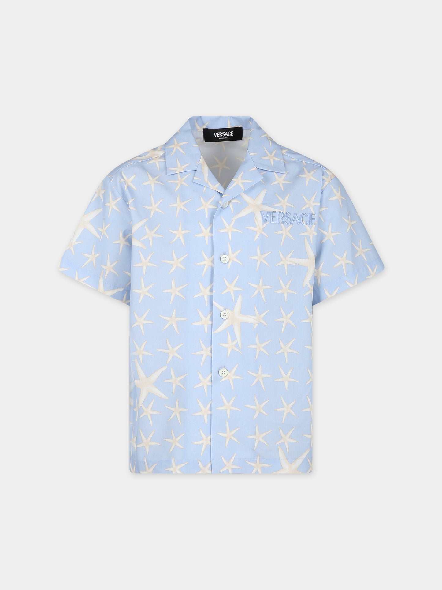 Camicia celeste per bambino con stampa stelle marine,Versace,1000107 1A11623 6V720