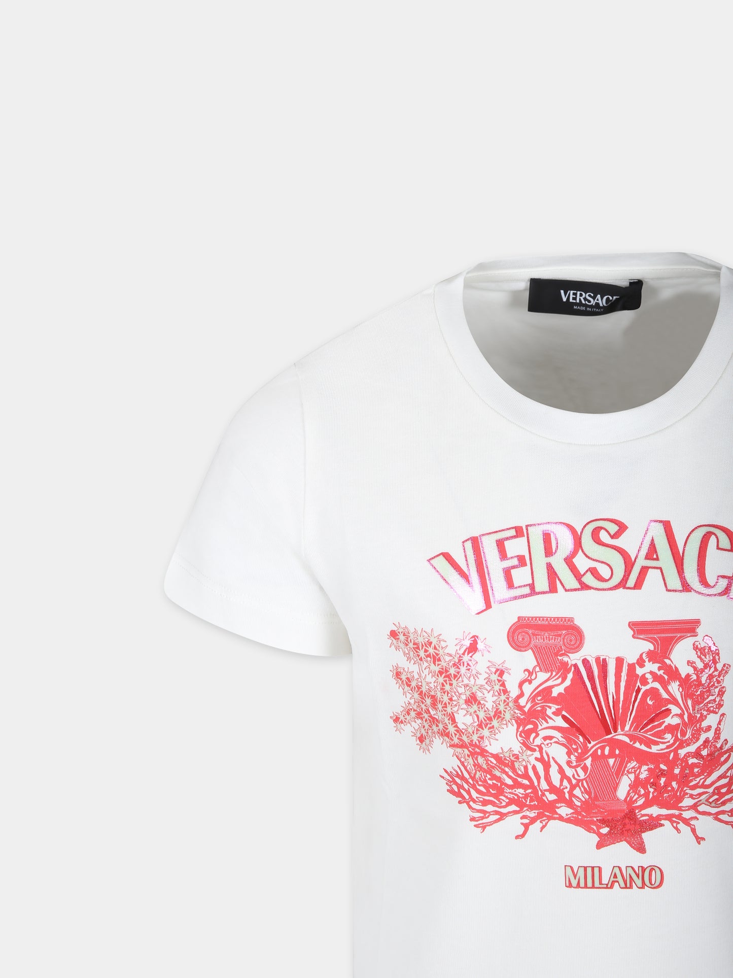 T-shirt bianca per bambina con logo e stampa marina,Versace,1000239 1A11428 2W310