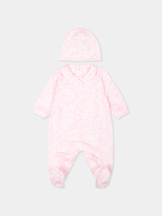 Set tutina rosa per neonata con stampa Barocco,Versace,1000317 1A09533 5P180