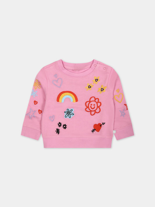 Felpa rosa per neonata con ricami multicolor all-over,Stella Mccartney Kids,TT4020 Z0447 547