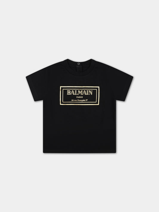 T-shirt nera per neonati con logo oro,Balmain Kids,BT8631 Z0082 930OR