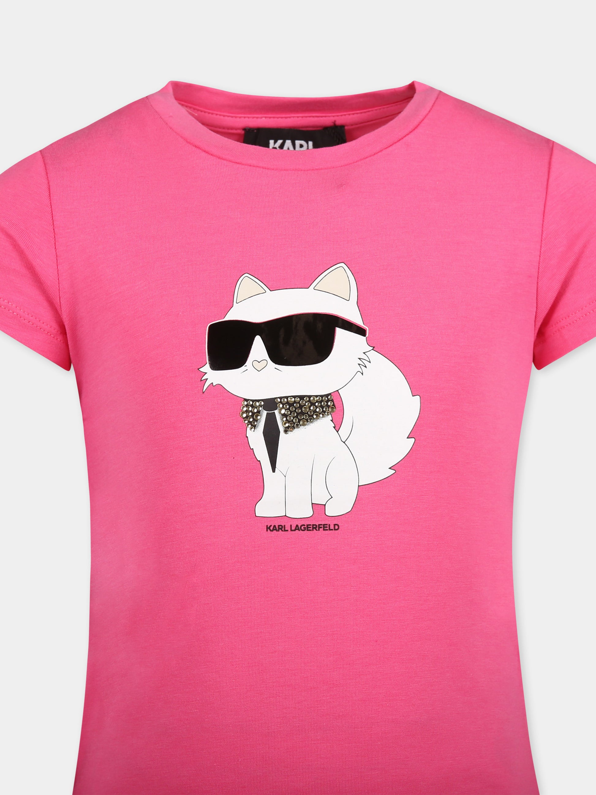 T-shirt fucsia per bambina con stampa Choupette,Karl Lagerfeld Kids,Z30366 46A