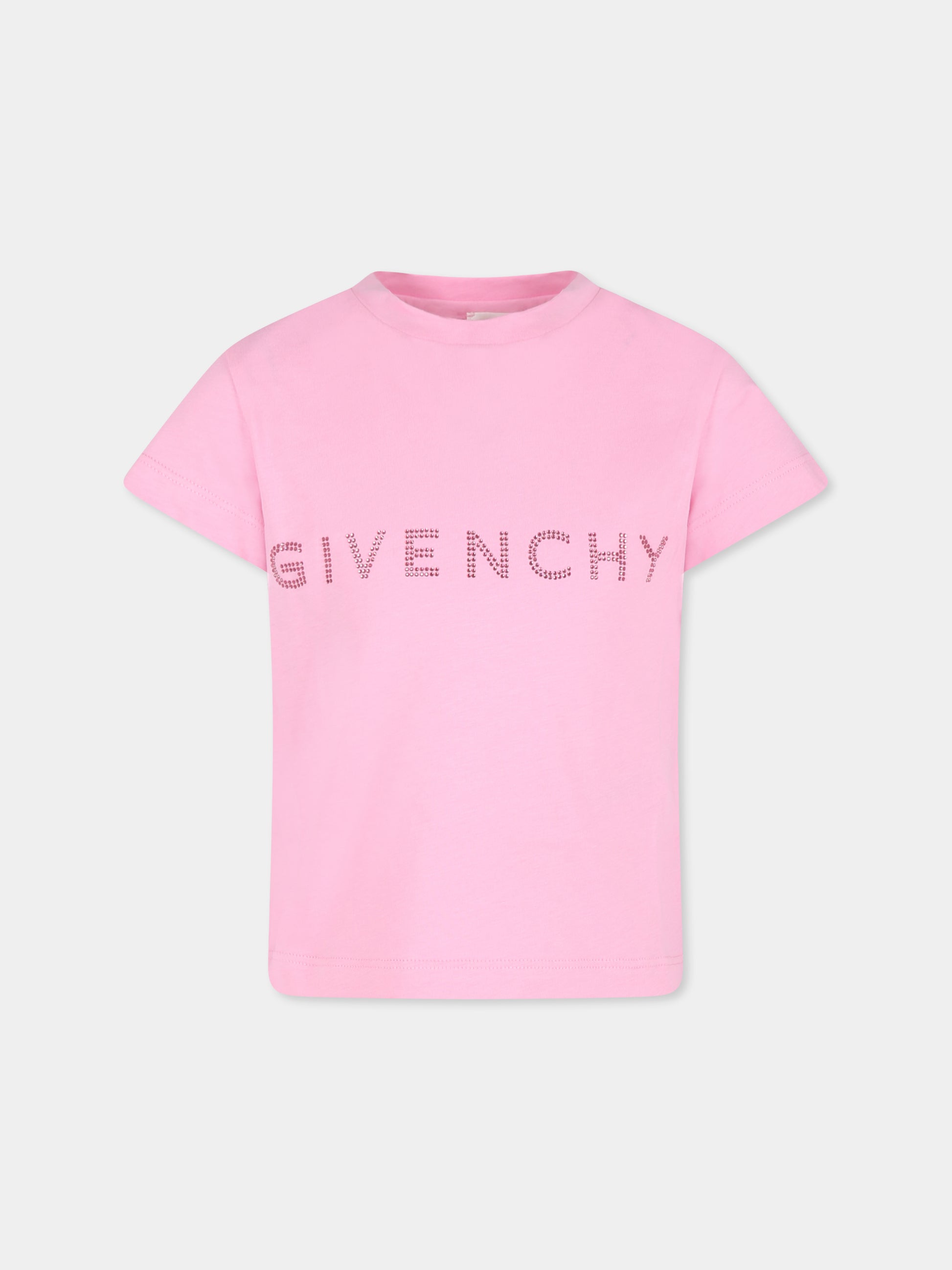 T-shirt rosa per bambina con logo e strass,Givenchy Kids,H30429 465