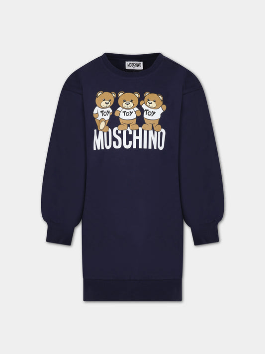 Vestito blu per bambina con Teddy Bears e logo,Moschino Kids,HDV0DP LCA40 40016