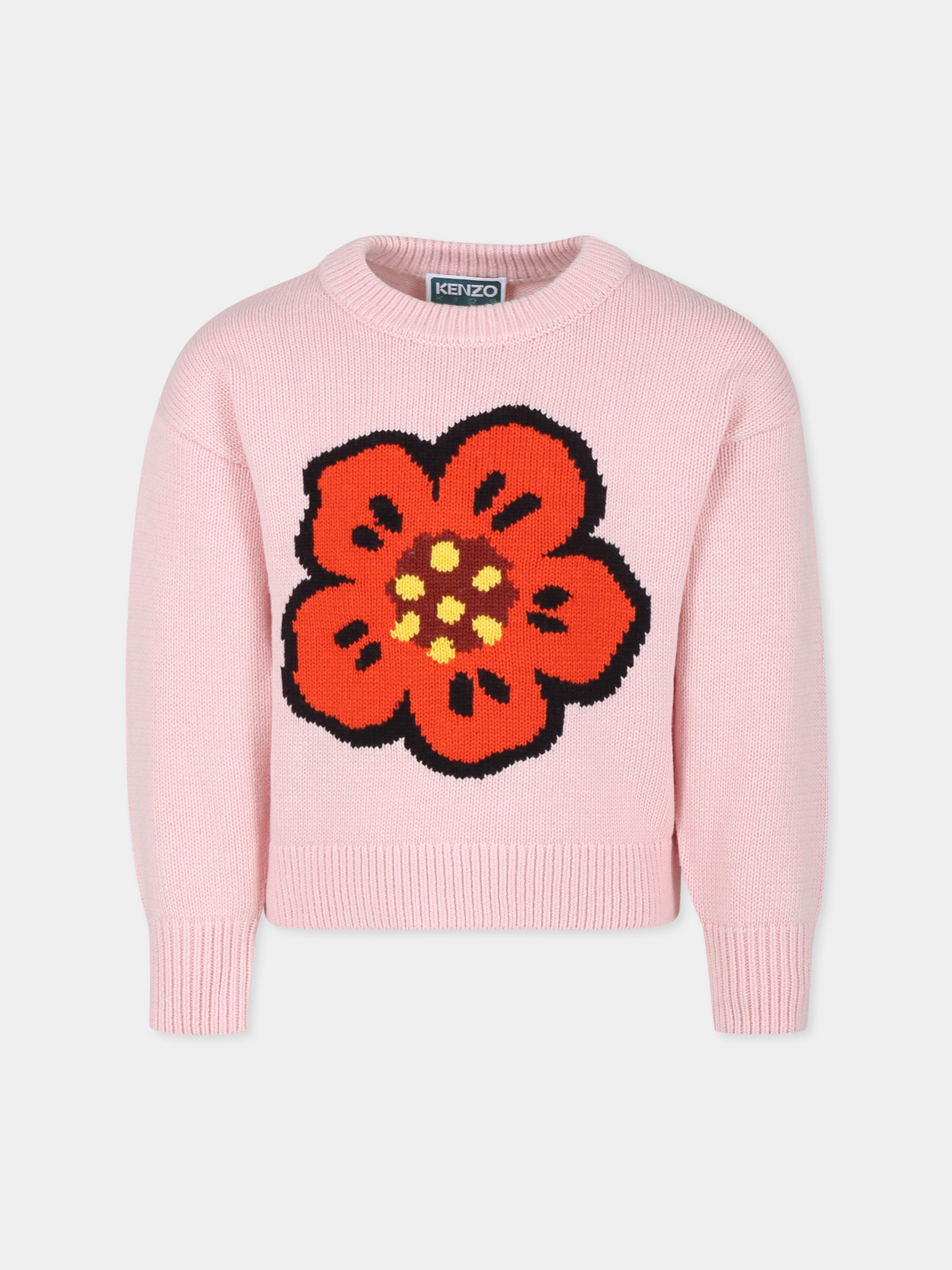 Maglione rosa per bambina con papavero,Kenzo Kids,K60641 45Z