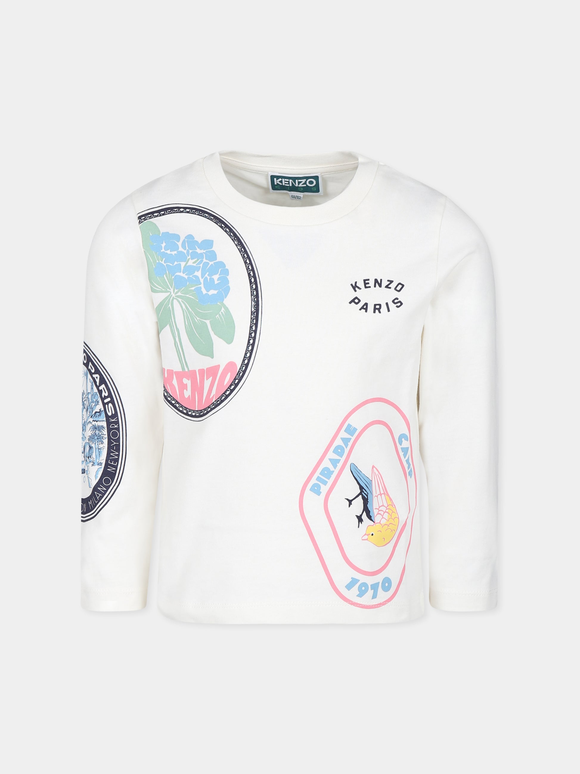 T-shirt avorio per bambina con stampa e logo,Kenzo Kids,K60715 121