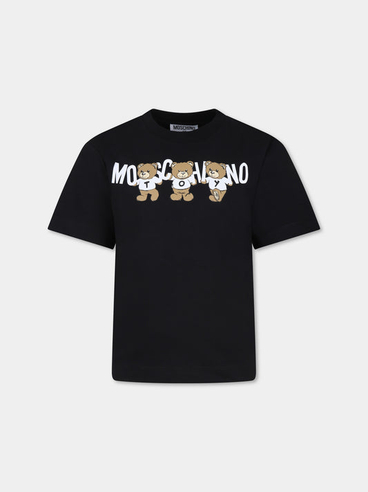 T-shirt nera per bambini con tre Teddy Bears,Moschino Kids,H9M03R LAA10 60100