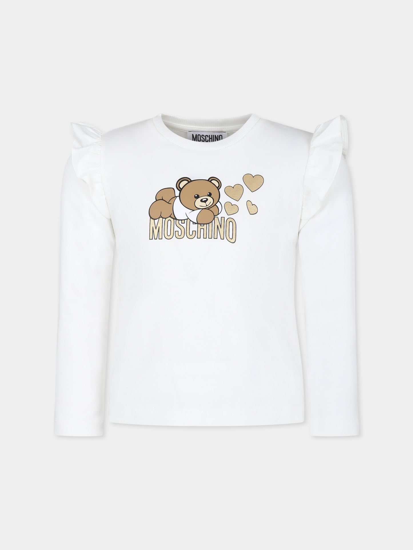 T-shirt avorio per bambina con Teddy Bear e cuori,Moschino Kids,HDO00T LBA11 10063