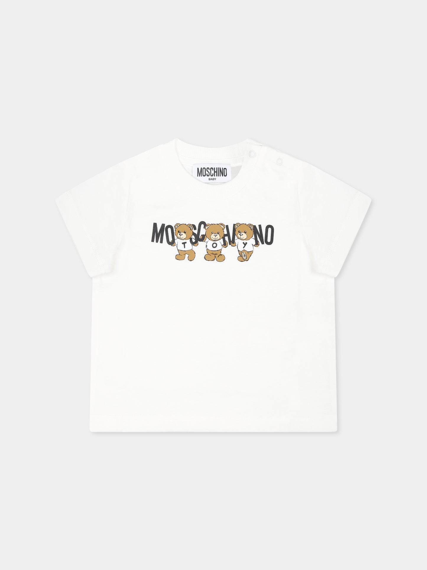 T-shirt avorio per neonati con tre Teddy Bears,Moschino Kids,M7M032 LAA10 10063