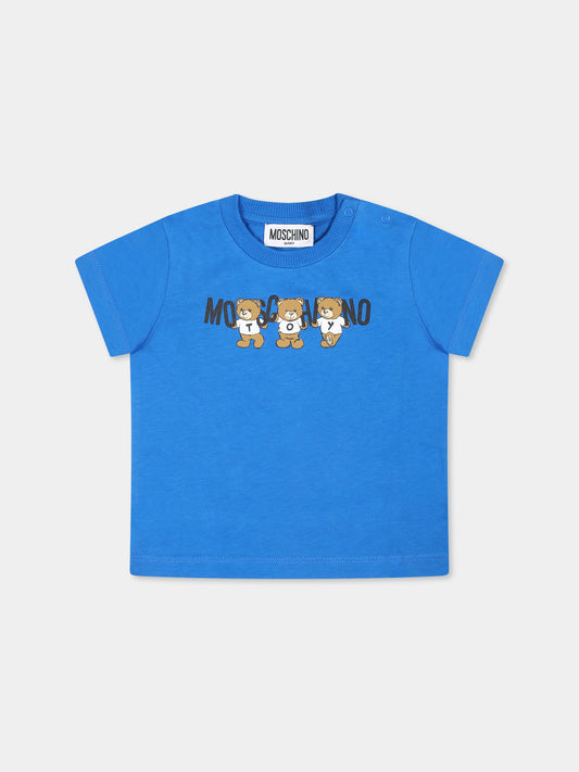 T-shirt azzurra per neonato con tre Teddy Bears,Moschino Kids,M7M032 LAA10 40515