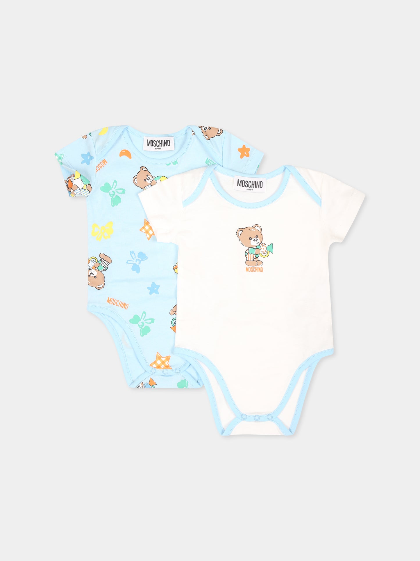 Set body celeste per neonato con Teddy Bear e stelle,Moschino Kids,M8Y017 LAB99 86018