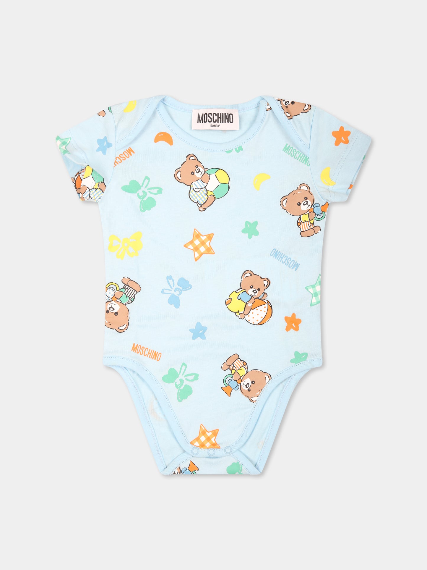 Set body celeste per neonato con Teddy Bear e stelle,Moschino Kids,M8Y017 LAB99 86018