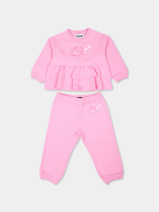 Completo rosa per neonata con Teddy Bear e cuori,Moschino Kids,MDK02Z LDA16 50243