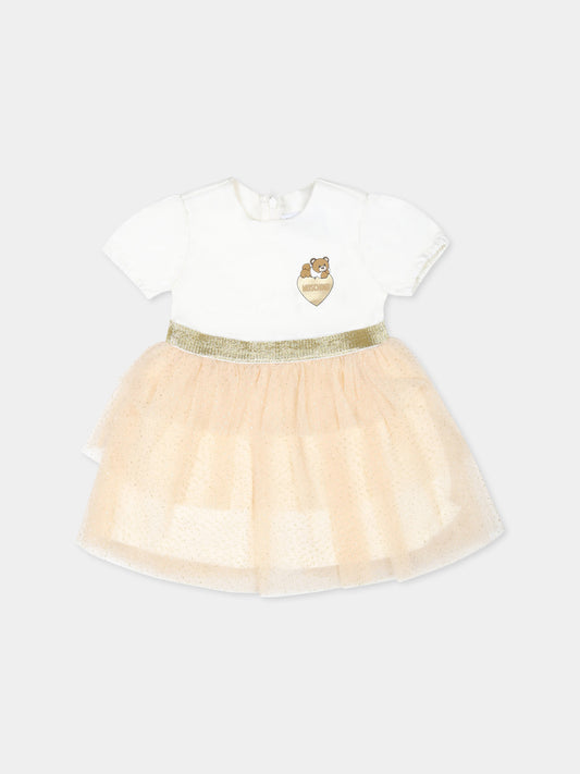 Vestito avorio per neonata con Teddy Bear e cuore,Moschino Kids,MDV0BH LJA00 84545