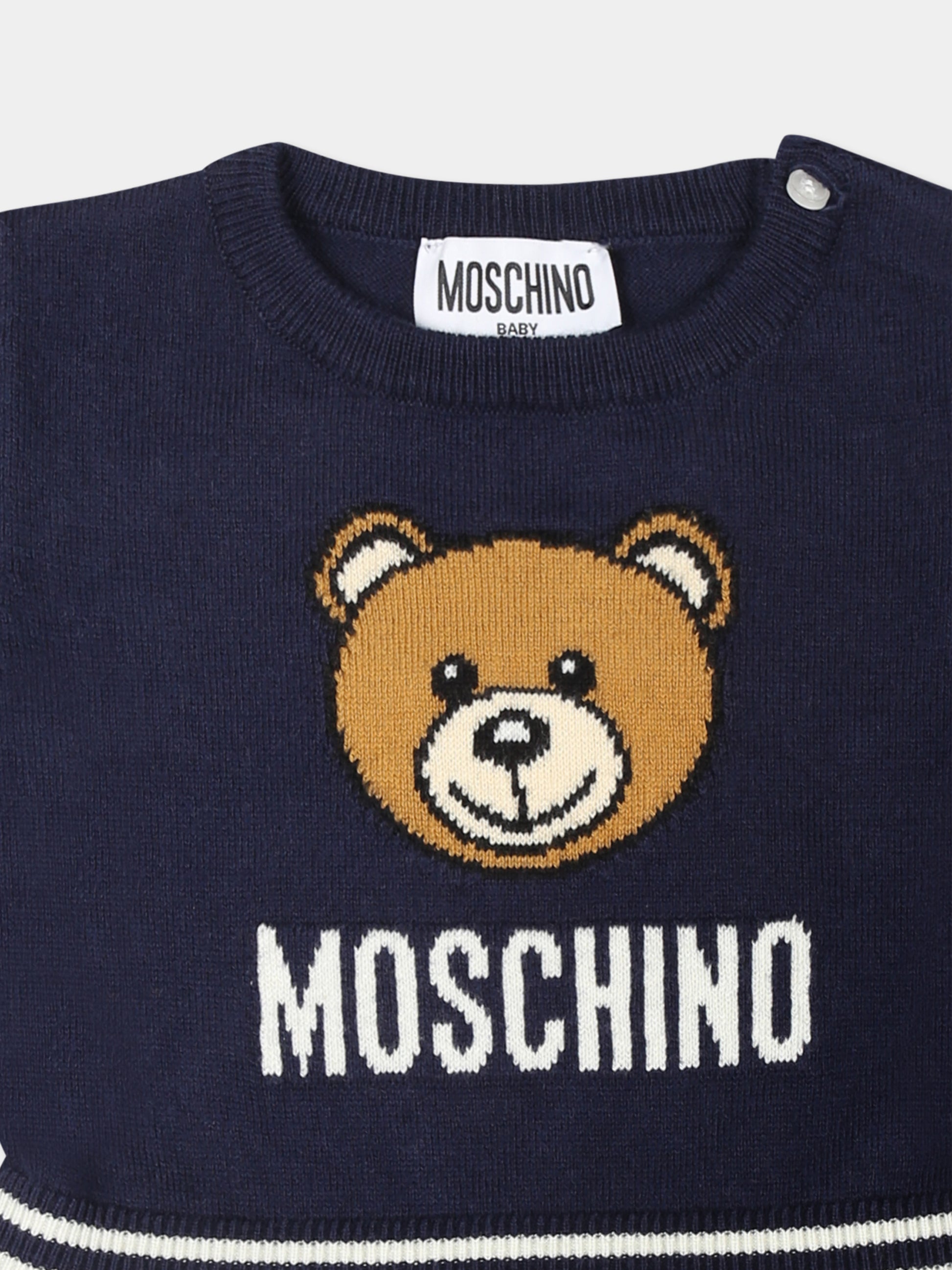 Vestito blu per neonata con Teddy Bear,Moschino Kids,MDV0BO LHE43 40016