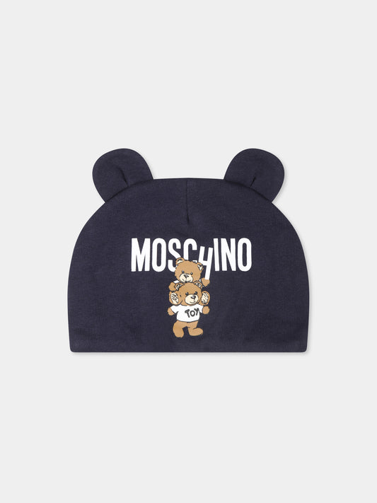 Cappello blu per neonato con due Teddy Bear,Moschino Kids,MUX04V LCA14 40016