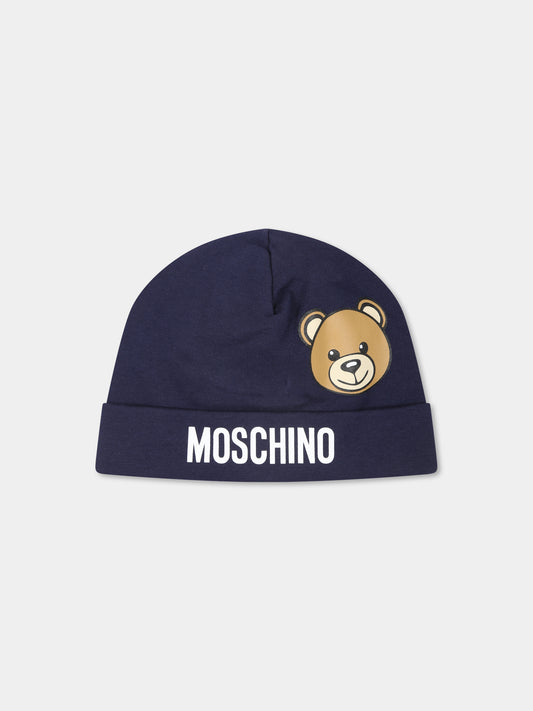 Cappello blu per neonato con Teddy Bear,Moschino Kids,MUX050 LDA17 40016