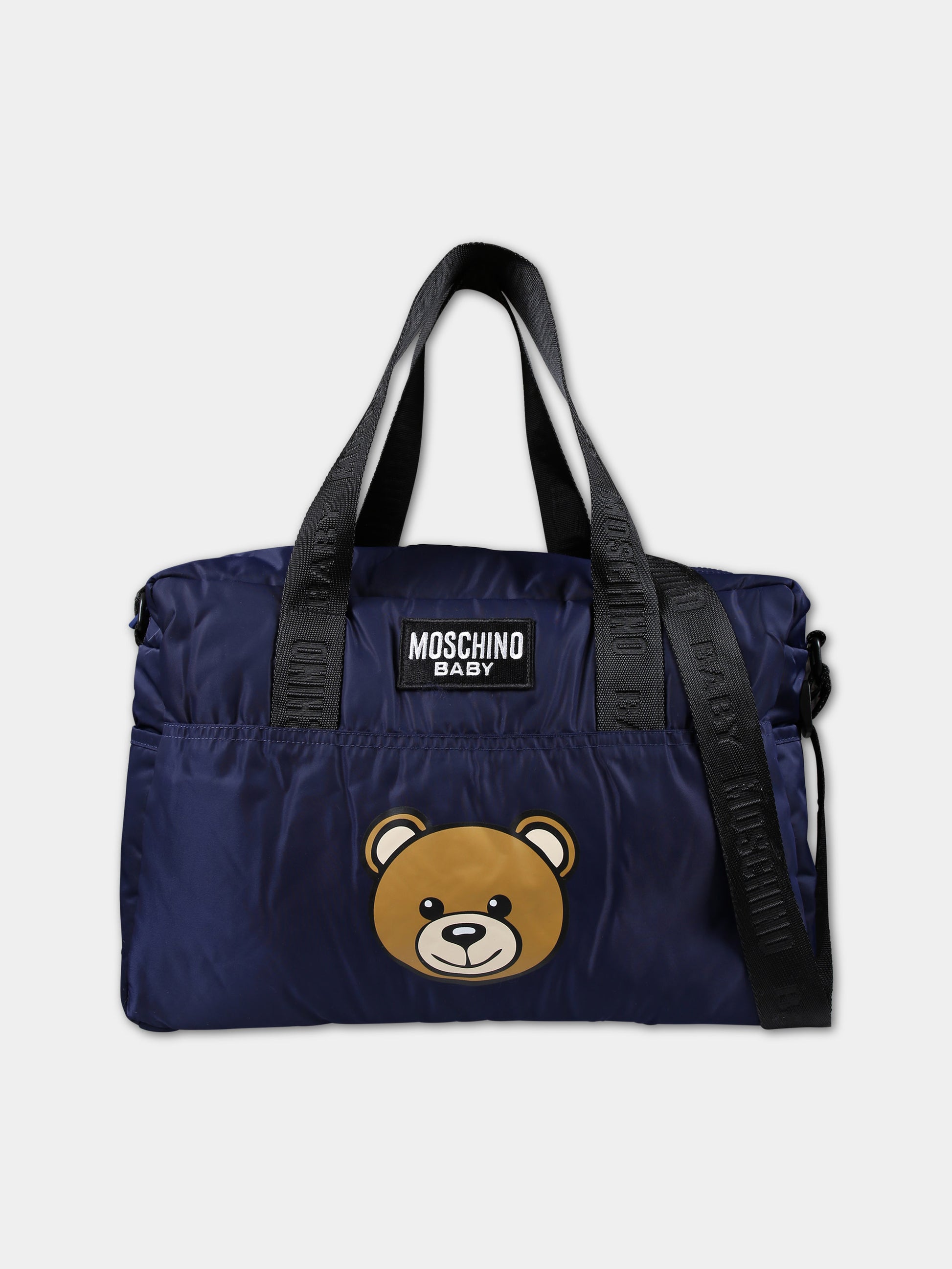 Borsa mamma blu per neonati con Teddy bear e logo,Moschino Kids,MUX052 L3A89 40016