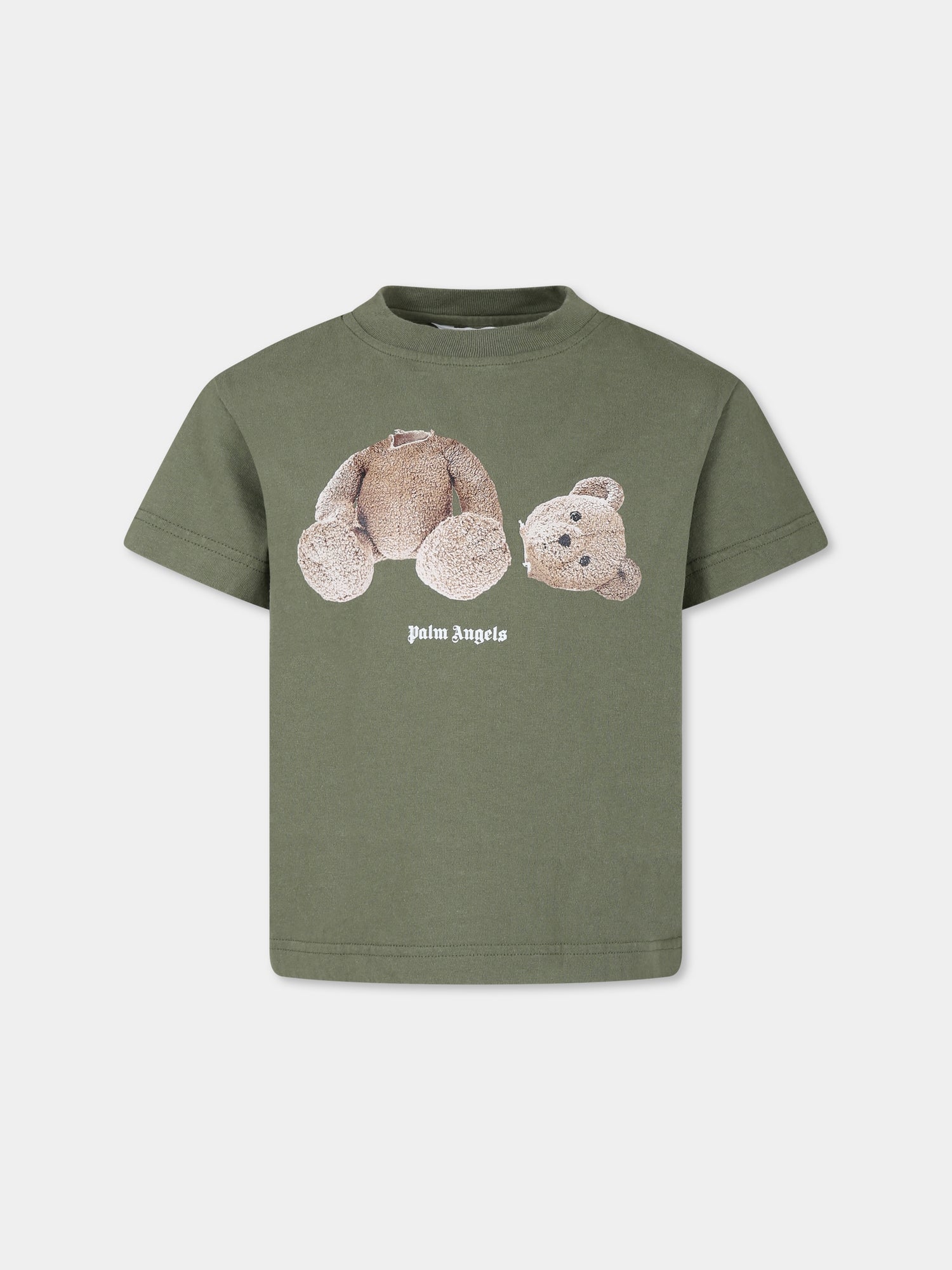 T-shirt verde per bambino con orso,Palm Angels,PBAA003C99JER0055660