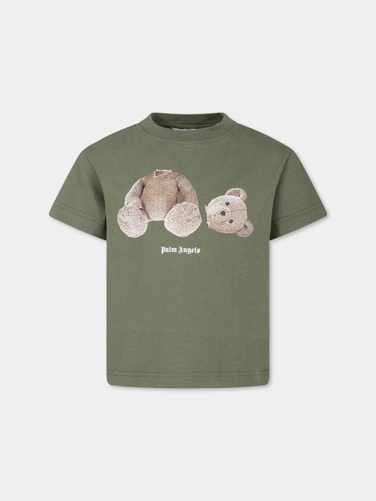 T-shirt verde per bambino con orso,Palm Angels,PBAA003C99JER0055660