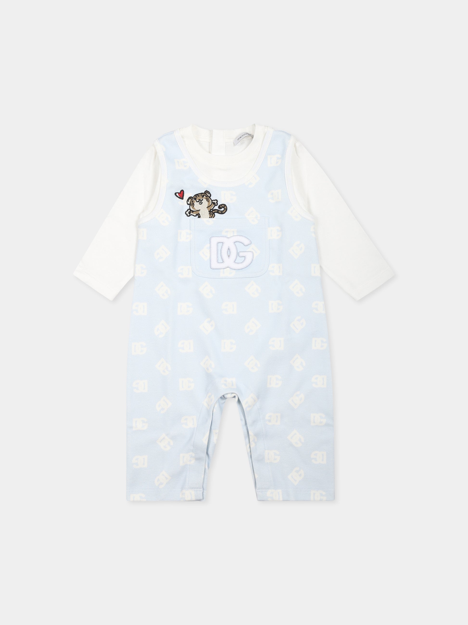 Tutina celeste per neonato con leopardo e logo DG,Dolce & Gabbana Kids,L1JO8R G7N2Z HCVAA