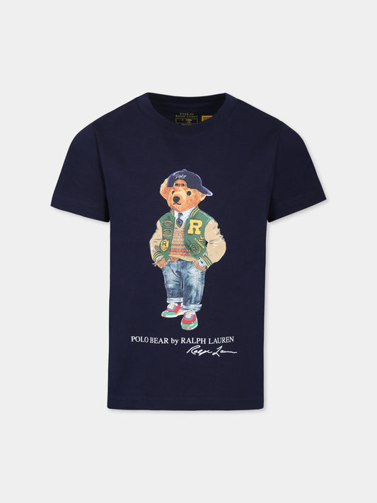 T-shirt blu per bambino con stampa Polo Bear,Ralph Lauren Kids,853828039