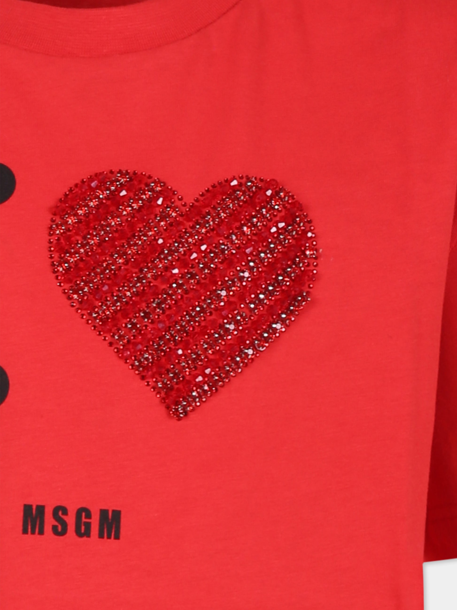 T-shirt rossa per bambina con logo e cuore,Msgm Kids,F4MSJGTH143 040