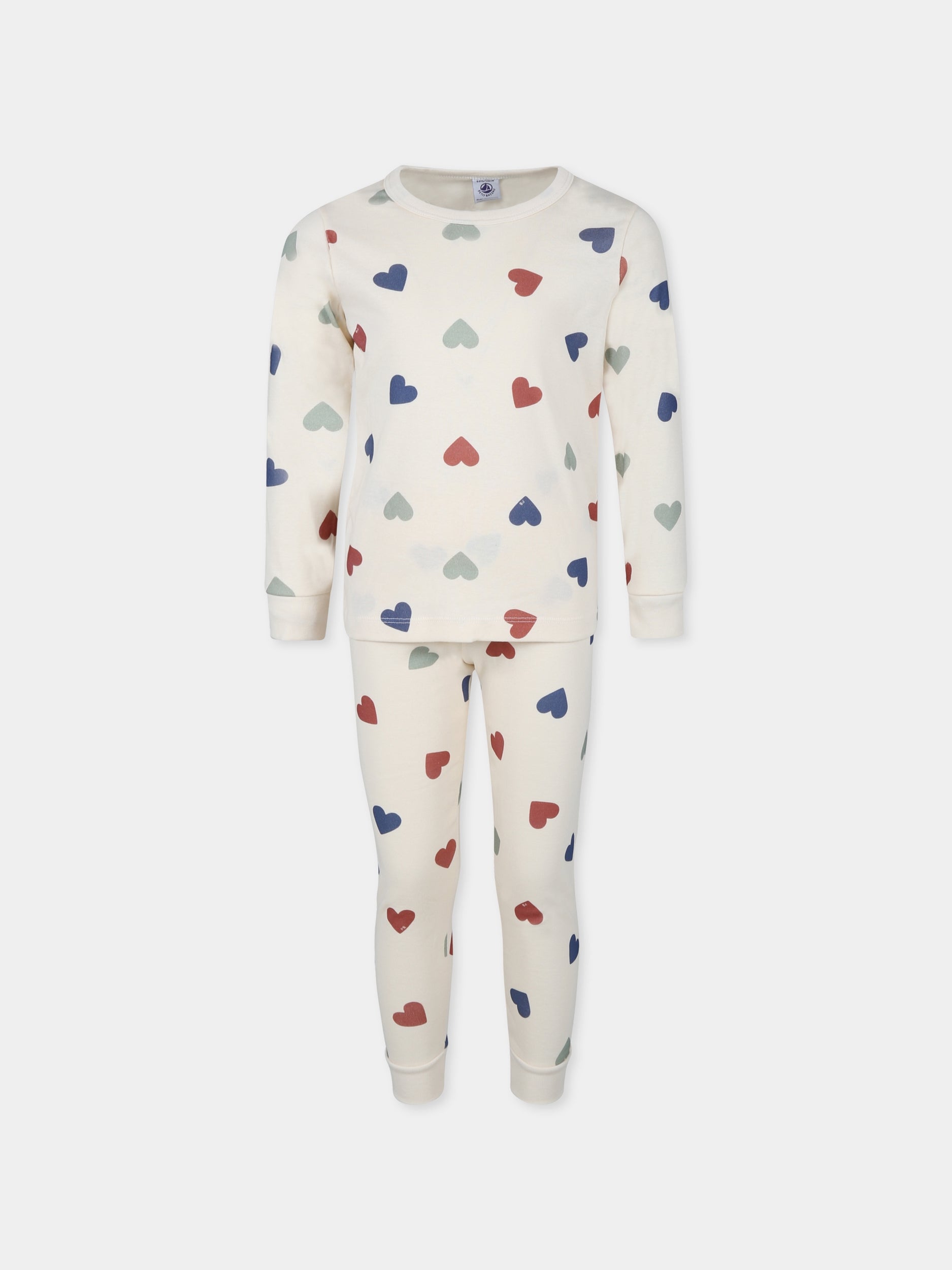 Pigiama avorio per bambina con cuori,Petit Bateau,A0AU0 AVALANCHE/MULTICO 01