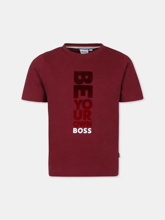 T-shirt bordeaux per bambino con logo,Boss,J51209 95L