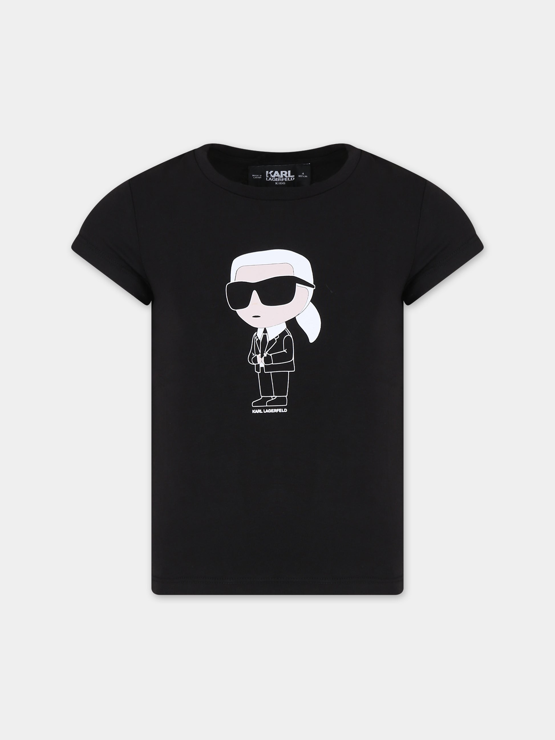 T-shirt nera per bambina con stampa Karl Lagerfeld e logo,Karl Lagerfeld Kids,Z15418 09B