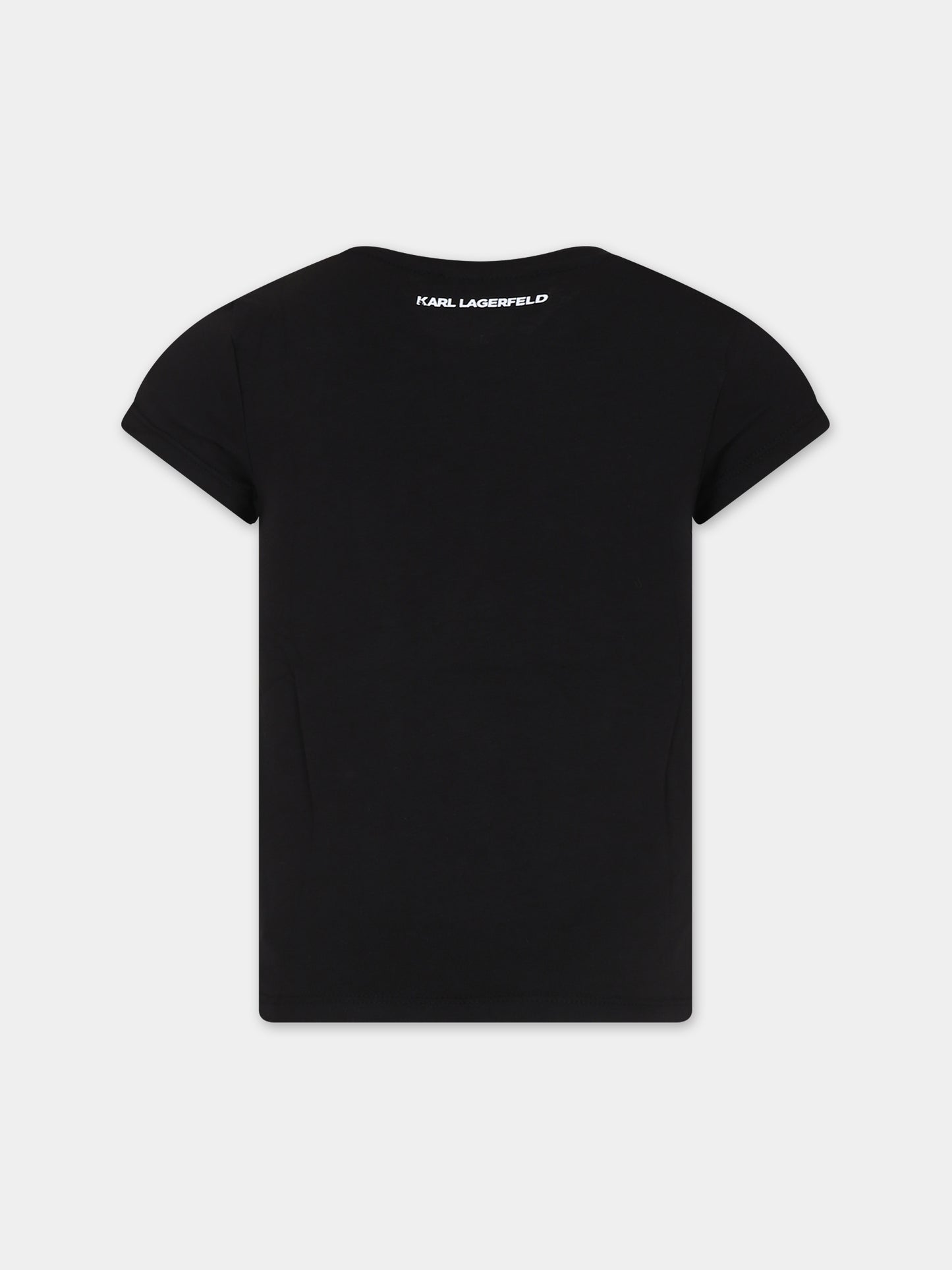 T-shirt nera per bambina con stampa Karl Lagerfeld e logo,Karl Lagerfeld Kids,Z15418 09B