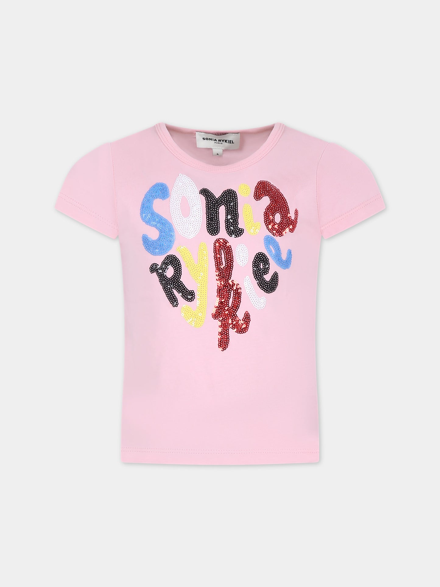 T-shirt rosa per bambina con logo e paillettes,Sonia Rykiel Paris,A15013 45T