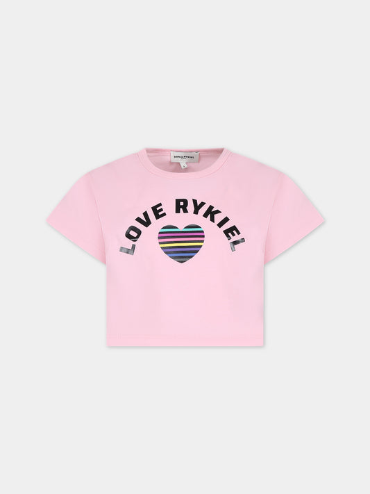 T-shirt crop rosa per bambina con logo e cuore,Sonia Rykiel Paris,A15015 45T