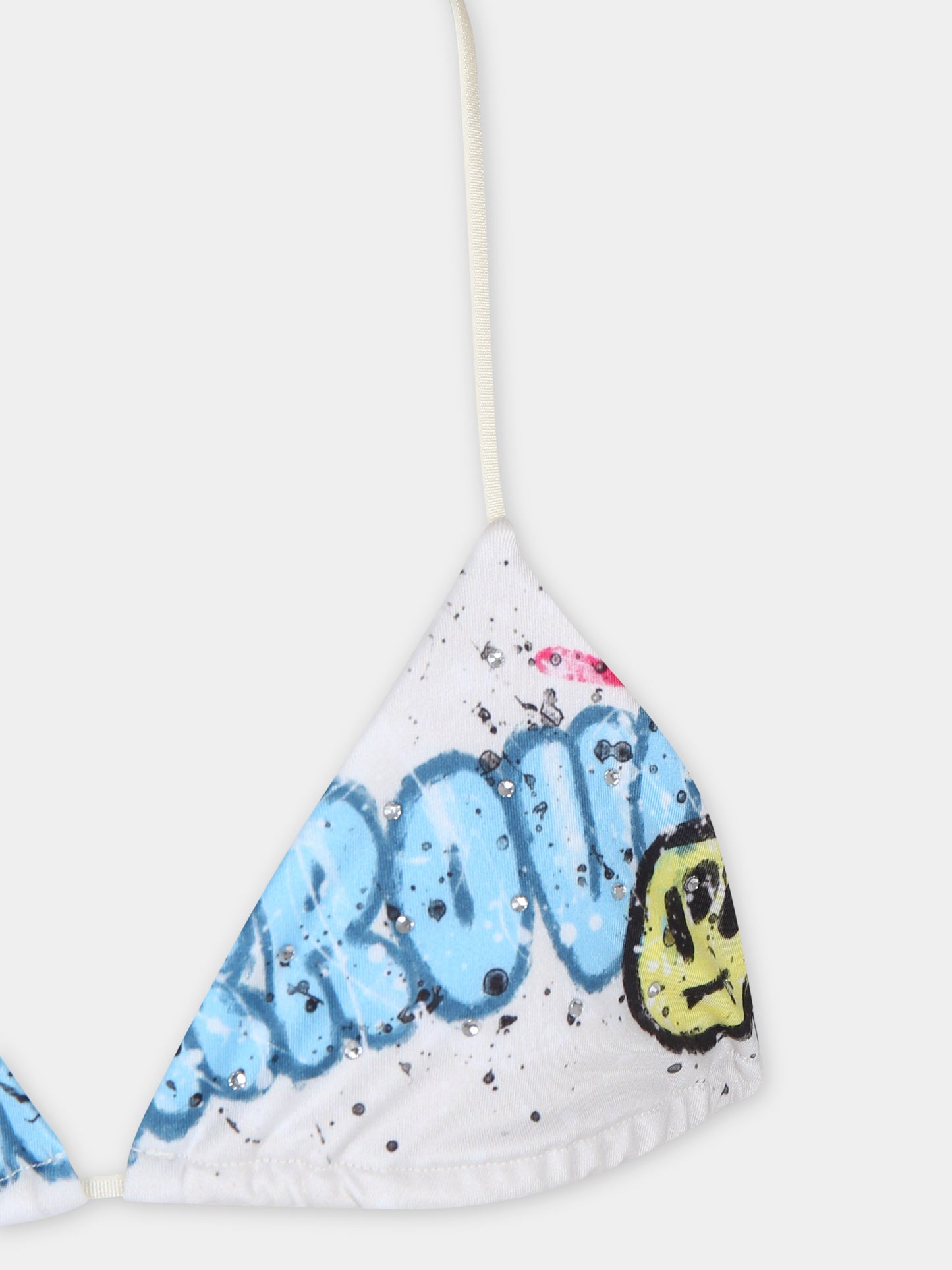 Bikini avorio per bambina con stampa palme e smile,Barrow,S4BKJGSB162 BW009