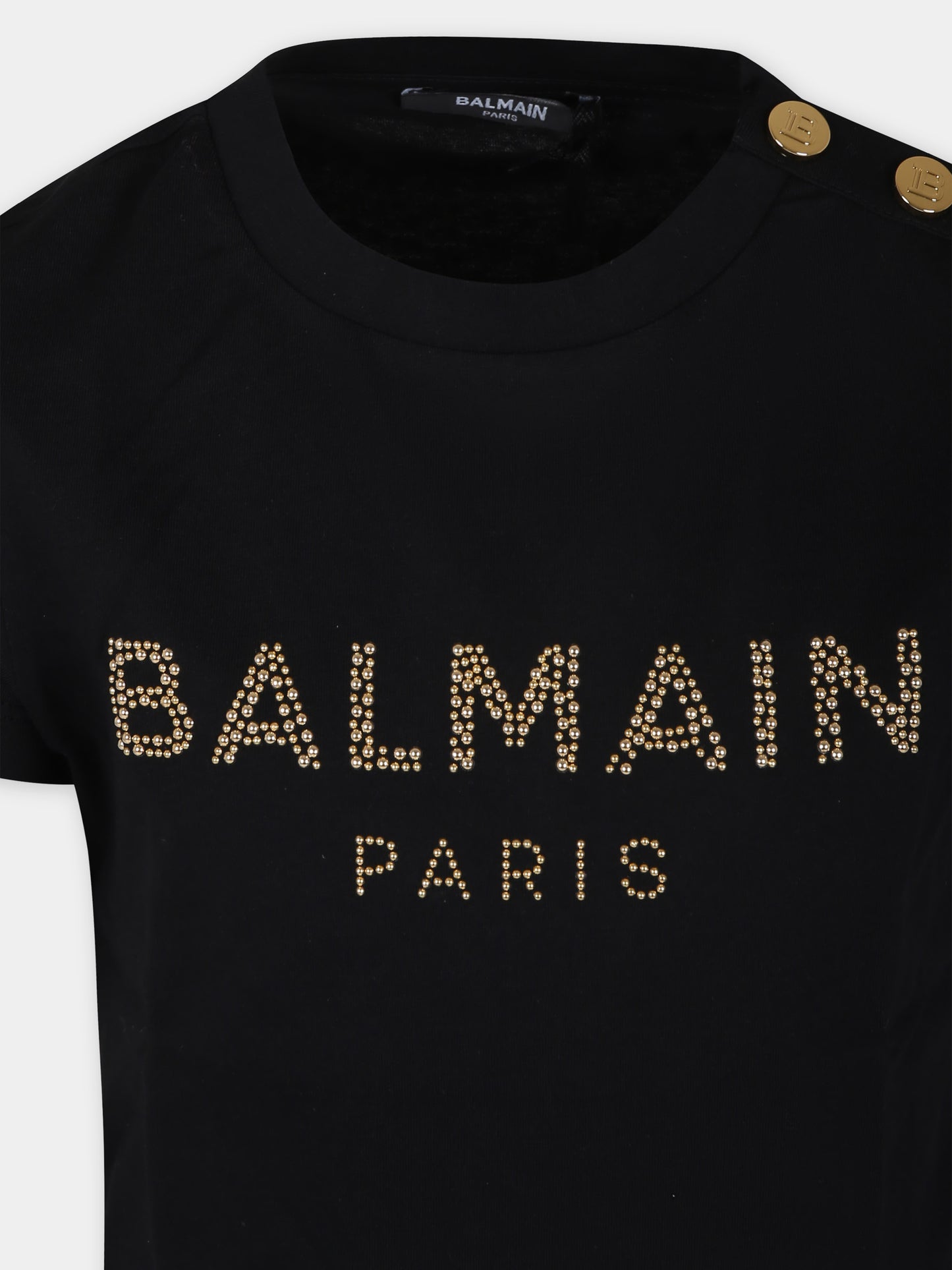 T-shirt nera per bambina con logo e borchie,Balmain Kids,6Q8211 J0006 930OR