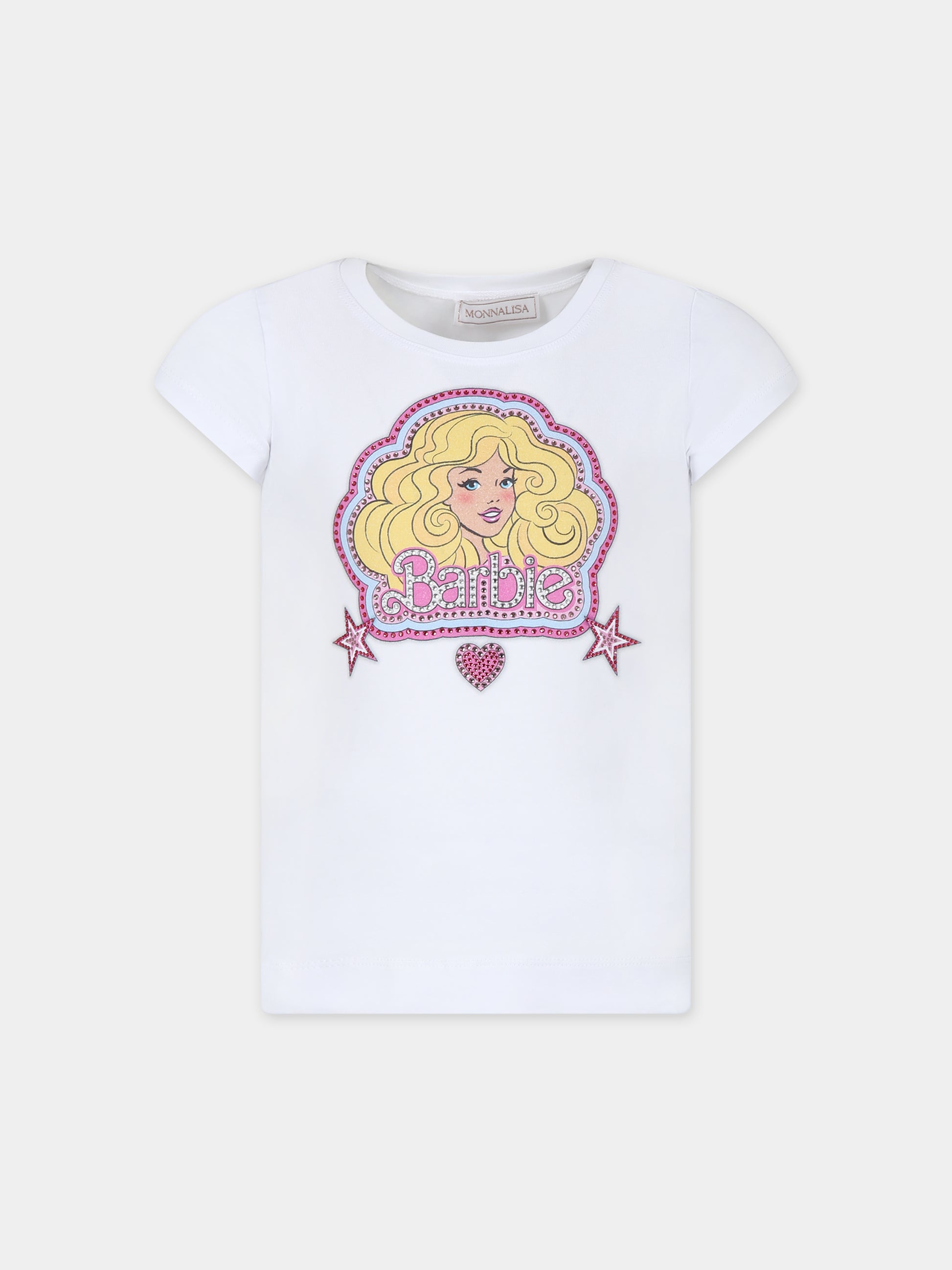 T-shirt bianca per bambina con stampa Barbie e strass,Monnalisa,19C635 3011 0099