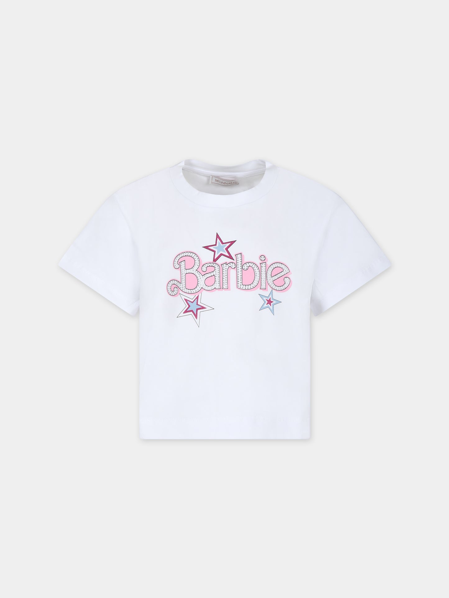 T-shirt crop bianca per bambina con scritta e strass,Monnalisa,19C636 3003 0099